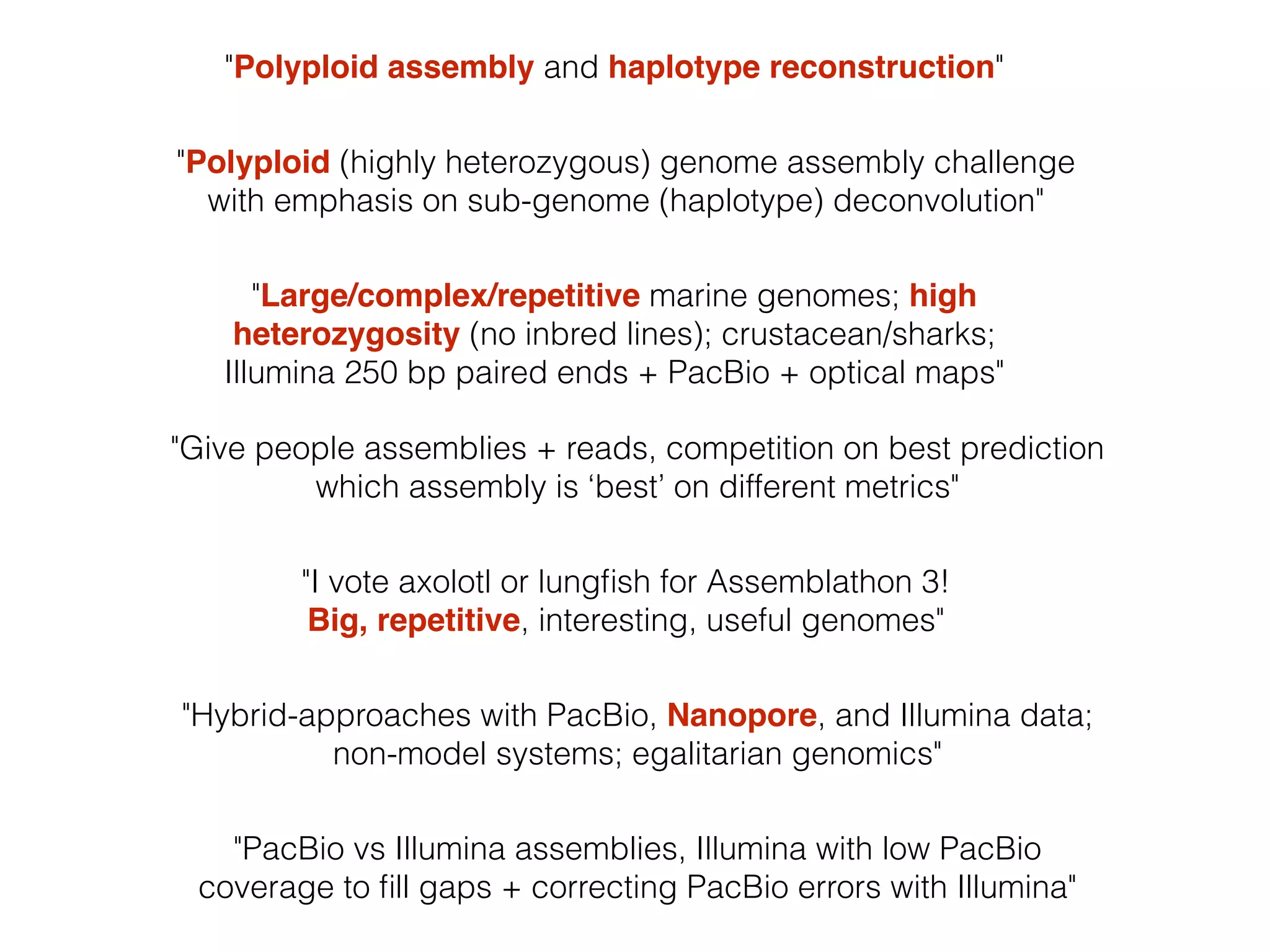 "Hybrid-approaches with PacBio, Nanopore, and Illumina data;
non-model systems; egalitarian genomics"
"Polyploid assembly and haplotype reconstruction"
"Give people assemblies + reads, competition on best prediction
which assembly is ‘best’ on different metrics"
"I vote axolotl or lungﬁsh for Assemblathon 3!
Big, repetitive, interesting, useful genomes"
"Large/complex/repetitive marine genomes; high
heterozygosity (no inbred lines); crustacean/sharks;
Illumina 250 bp paired ends + PacBio + optical maps"
"PacBio vs Illumina assemblies, Illumina with low PacBio
coverage to ﬁll gaps + correcting PacBio errors with Illumina"
"Polyploid (highly heterozygous) genome assembly challenge
with emphasis on sub-genome (haplotype) deconvolution"
 