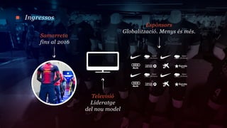 Ingressos
                                            Espònsors
                                   Globalització. Menys és més.
    Samarreta
    fins al 2016




                     Televisió
                     Lideratge
                   del nou model
 