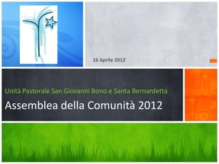 16 Aprile 2012




Unità Pastorale San Giovanni Bono e Santa Bernardetta

Assemblea della Comunità 2012
 