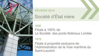 1978
Filiale à propriété exclusive de
l’Administration de la Voie maritime du
Saint-Laurent
Filiale à 100% de
La Société des ponts fédéraux Limitée
1998
FÉVRIER 2014
Société d’État mère
 