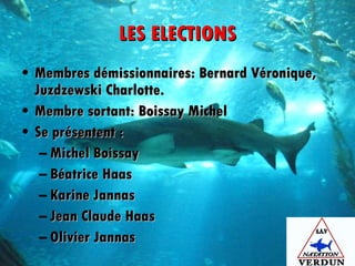 LES ELECTIONS Membres démissionnaires: Bernard Véronique, Juzdzewski Charlotte. Membre sortant: Boissay Michel  Se présentent : Michel Boissay Béatrice Haas Karine Jannas Jean Claude Haas Olivier Jannas 