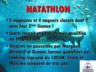 NATATHLON 5 nageuses et 4 nageurs classés dont 7 avec leur 2 ème  licence !  Laura Joseph et Lucas Fourès qualifiés au Trophée Jeff  Rejoints en poussines par Margaux Bernard et Océane Jannas qualifiées au ranking régional du 1004N, Tessa et Maxime échouent de très peu. 