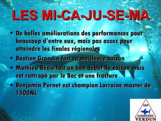 LES MI-CA-JU-SE-MA De belles améliorations des performances pour beaucoup d’entre eux, mais pas assez pour atteindre les finales régionales  Bastien Grandin fait sa meilleure saison Mathieu Bézie fait un bon début de saison mais est rattrapé par le Bac et une fracture Benjamin Pernet est champion Lorraine master de 1500NL  