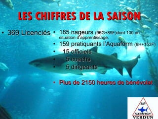LES CHIFFRES DE LA SAISON 369 Licenciés 185 nageurs  (96G+89F)dont 100 en situation d’apprentissage. 159 pratiquants l’Aquaform  (6H+153F) 15 officiels  5 coachs 5 dirigeants Plus de 2150 heures de bénévolat 