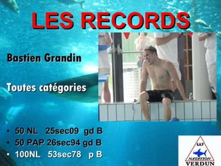 LES RECORDS 50 NL  25sec09  gd B 50 PAP 26sec94 gd B 100NL  53sec78  p B Bastien Grandin Toutes catégories 