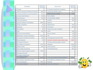 € 114068 TOTAL DES PRODUITS € 114068 TOTAL DES CHARGES € 19000 Bénévolat € 19000 Personnes bénévoles €   87-Contributions volontaires en nature     86-Contributions volontaires en nature € 95068 TOTAL DES PRODUITS PREVISIONNELS € 95068 TOTAL DES CHARGES PREVISIONNELLES       €   67-Charges exceptionnelles       €   66-Charges financières       € 12200 65-Autres charges de gestion courante € 2000 76-Produits financiers €   Autres charges de personnel € 2000 Autres (précisez) € 3400 Charges sociales € 41000 Cotisations € 15770 Rémunérations du personnel €   75-Autres produits de gestion courante     64-Charges de personnel € 30648 Subvention d'équilibre location lignes d'eaux € 70 Services bancaires € 1000 Accompagnement educatif CNDS € 350 Frais postaux et de télécommunication € 750 CEL € 21250 Déplacements, missions et réceptions € 300 avoir sur licences     62-Autres services extérieurs € 1000 CD 55 € 1750 Divers     Organismes sociaux (à détailler) € 30 Documentation € 2000 Commune(s) € 710 Assurances € 1000 Département(s) € 40 Entretien et réparation     Région(s) € 34948 Locations mobilières et immobilières € 1000 STAGES     61-Services extérieurs € 1500 ACTION SPORT JEUNES € 500 Autres fournitures €   Etat (à détailler) € 400 Fournitures administratives € 2500 CNDS Subvention sollicitée € 1000 Fournitures d'entretien et de petit équipement € 8370 Produits des activités annexes € 2650 Achats non stockés de matières et fournitures     70-Ventes de produits finis, prestations     60-Achats MONTANT (3) EN EUROS RECETTES (2) MONTANT (3) EN EUROS DEPENSES 