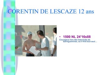 CORENTIN DE LESCAZE 12 ans 1500 NL 24’16s88 Courageux lors des Interclubs de Sarreguemines, où il finit tout seul… 