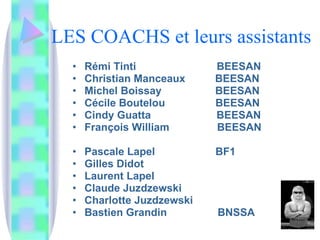 LES COACHS et leurs assistants Rémi Tinti  BEESAN Christian Manceaux  BEESAN Michel Boissay  BEESAN Cécile Boutelou   BEESAN Cindy Guatta  BEESAN François William  BEESAN Pascale Lapel   BF1 Gilles Didot  Laurent Lapel Claude Juzdzewski Charlotte Juzdzewski Bastien Grandin  BNSSA  
