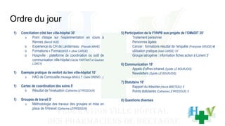 Ordre du jour
1) Conciliation côté lien ville-hôpital 30’
o Point d'étape sur l'expérimentation en cours à
Rennes (Benoît HUE)
o Expérience du CH de Landerneau (Pascale MAHE)
o Formations « Formaconcil » (Axel CARDE)
o Hospiville : plateforme de coordination ou outil de
communication ville-hôpital (Cécile PARTANT et Goulven
LORCY)
1) Exemple pratique de renfort du lien ville-hôpital 10’
o HAD de Cornouaille (Hedwige BRAULT, Claire DRENO…)
1) Cartes de coordination des soins 5’
o Résultat de l’évaluation (Catherine LEYRISSOUX)
1) Groupes de travail 5’
o Méthodologie des travaux des groupes et mise en
place de l’intranet (Catherine LEYRISSOUX)
5) Participation de la FVHPB aux projets de l’OMéDIT 20’
Traitement personnel
Personnes âgées
Cancer : formations résultat de l’enquête (Françoise GRUDE) et
utilisation pratique (Axel CARDE) 10’
Groupe iatrogénie : information fiches action à Lorient 5’
6) Communication 10’
Appels d’offres intranet (Sybille LE BOURJOIS)
Newsletters (Sybille LE BOURJOIS)
7) Statutaire 10’
Rapport du trésorier (Hervé BRETEAU) 5’
Points statutaires (Catherine LEYRISSOUX) 5’
8) Questions diverses
 
