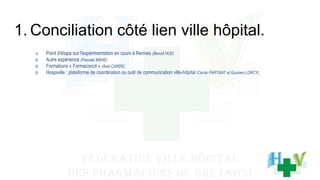 1. Conciliation côté lien ville hôpital.
o Point d'étape sur l'expérimentation en cours à Rennes (Benoît HUE)
o Autre expérience (Pascale MAHE)
o Formations « Formaconcil » (Axel CARDE)
o Hospiville : plateforme de coordination ou outil de communication ville-hôpital (Cécile PARTANT et Goulven LORCY)
 