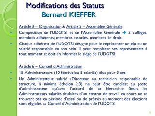 Modifications des Statuts Bernard KIEFFER Article 3 – Organisation  &  Article 5 – Assemblée Générale   Composition de l’UDOTSI et de l’Assemblée Générale    3 collèges: membres adhérents; membres associés, membres de droit Chaque adhérent de l’UDOTSI désigne pour le représenter un élu ou un salarié responsable en son sein. Il peut remplacer ses représentants à tout moment et doit en informer le siège de l’UDOTSI. Article 6 – Conseil d’Administration 15 Administrateurs (10 bénévoles; 5 salariés) élus pour 3 ans Un Administrateur salarié (Directeur ou technicien responsable de structure, à minima échelon 2.3) ne peut être candidat au poste d’administrateur qu’avec l’accord de sa hiérarchie. Seuls les Administrateurs salariés titulaires d’un contrat de travail en cours ne se trouvant pas en période d’essai ou de préavis au moment des élections sont éligibles au Conseil d’Administration de l’UDOTSI 