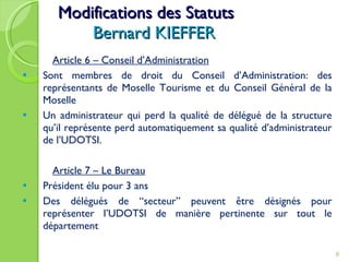 Modifications des Statuts Bernard KIEFFER Article 6 – Conseil d’Administration Sont membres de droit du Conseil d’Administration: des représentants de Moselle Tourisme et du Conseil Général de la Moselle Un administrateur qui perd la qualité de délégué de la structure qu’il représente perd automatiquement sa qualité d’administrateur de l’UDOTSI. Article 7 – Le Bureau Président élu pour 3 ans Des délégués de “secteur” peuvent être désignés pour représenter l’UDOTSI de manière pertinente sur tout le département 