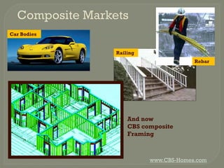 Car Bodies

Railing
Rebar

And now
CBS composite
Framing

www.CBS-Homes.com

 