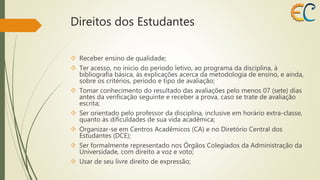 Direitos dos Estudantes 
 Receber ensino de qualidade; 
 Ter acesso, no início do período letivo, ao programa da disciplina, à 
bibliografia básica, às explicações acerca da metodologia de ensino, e ainda, 
sobre os critérios, período e tipo de avaliação; 
 Tomar conhecimento do resultado das avaliações pelo menos 07 (sete) dias 
antes da verificação seguinte e receber a prova, caso se trate de avaliação 
escrita; 
 Ser orientado pelo professor da disciplina, inclusive em horário extra-classe, 
quanto às dificuldades de sua vida acadêmica; 
 Organizar-se em Centros Acadêmicos (CA) e no Diretório Central dos 
Estudantes (DCE); 
 Ser formalmente representado nos Órgãos Colegiados da Administração da 
Universidade, com direito a voz e voto; 
 Usar de seu livre direito de expressão; 
 