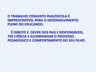 O TRABALHO CONJUNTO PAIS/ESCOLA É
IMPRESCINDÍVEL PARA O DESENVOLVIMENTO
PLENO DO EDUCANDO.
É DIREITO E DEVER DOS PAIS E RESPONSÁVEIS,
TER CIÊNCIA E ACOMPANHAR O PROCESSO
PEDAGÓGICO E COMPORTAMENTO DO SEU FILHO.
 