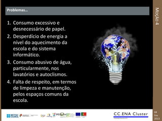 MOÇÃO 4
Problemas…


1. Consumo excessivo e
   desnecessário de papel.
2. Desperdício de energia a
   nível do aquecimento da
   escola e do sistema
   informático.
3. Consumo abusivo de água,
   particularmente, nos
   lavatórios e autoclismos.
4. Falta de respeito, em termos
   de limpeza e manutenção,
   pelos espaços comuns da
   escola.

                                  04
                                  Fev
                                  2013
 