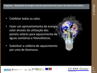 MOÇÃO 4
Propostas… Desperdício de energia a nível do aquecimento da escola e do sistema informático.




 • Calafetar todas as salas.

 • Fazer um aproveitamento da energia
   solar através da utilização dos
   painéis solares para aquecimento de
   águas sanitárias e fotovoltaicos.

 • Substituir a caldeira de aquecimento
   por uma de biomassa.




                                                                                               04
                                                                                               Fev
                                                                                               2013
 