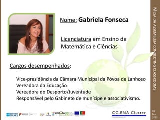 MESA DA ASSEMBLEIA CONNECTING CLASSROOMS
                    Nome: Gabriela Fonseca


                     Licenciatura em Ensino de
                     Matemática e Ciências


Cargos desempenhados:

  Vice-presidência da Câmara Municipal da Póvoa de Lanhoso
  Vereadora da Educação
  Vereadora do Desporto/Juventude
  Responsável pelo Gabinete de munícipe e associativismo.

                                                             04
                                                             Fev
                                                             2013
 