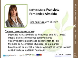 MESA DA ASSEMBLEIA CONNECTING CLASSROOMS
                      Nome: Maria Francisca
                      Fernandes Almeida

                      Licenciatura em Direito


Cargos desempenhados:
  Deputada na Assembleia da República pelo PSD (Braga)
  Integra diversas comissões parlamentares
  Vice-Presidente da bancada parlamentar do PSD
  Membro da Assembleia Municipal de Guimarães
  Colaboração quinzenal (artigo de opinião) no jornal Notícias
  de Guimarães e na Rádio Fundação
                                                                 04
                                                                 Fev
                                                                 2013
 