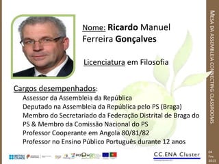 MESA DA ASSEMBLEIA CONNECTING CLASSROOMS
                     Nome: Ricardo Manuel
                     Ferreira Gonçalves

                     Licenciatura em Filosofia


Cargos desempenhados:
  Assessor da Assembleia da República
  Deputado na Assembleia da República pelo PS (Braga)
  Membro do Secretariado da Federação Distrital de Braga do
  PS & Membro da Comissão Nacional do PS
  Professor Cooperante em Angola 80/81/82
  Professor no Ensino Público Português durante 12 anos
                                                              04
                                                              Fev
                                                              2013
 
