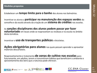 MOÇÃO 12
Medidas propostas

Estabelecer um tempo      limite para o banho dos alunos nos balneários.

Incentivar os alunos a participar na manutenção dos espaços verdes do
concelho e da escola através da criação de um sistema de créditos nas escolas.

As sançõesdisciplinares dos alunos podem passar por fazer
voluntariado em locais onde se reaproveitam os resíduos e na escola no âmbito
desta temática.

Incentivar o uso   de transportes públicos e bicicletas.

Ações obrigatórias para alunos nas quais possam aprender a aproveitar
materiais descartáveis.

Reaproveitamento e tratamento de zonas de cultivo nas escolas para
futuramente, em adultos, terem e transmitirem hábitos que beneficiem o ambiente e
aproveitamento dos bens que a natureza pode oferecer.

                                                                                    04
                                                                                    Fev
                                                                                    2013
 
