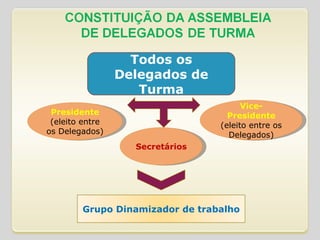 Todos os Delegados de Turma Presidente (eleito entre os Delegados) Vice-Presidente (eleito entre os Delegados) Secretários Grupo Dinamizador de trabalho 