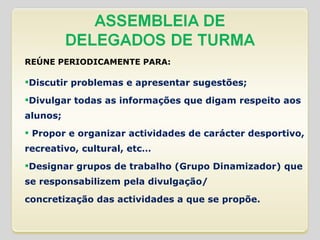 REÚNE PERIODICAMENTE PARA: Discutir problemas e apresentar sugestões; Divulgar todas as informações que digam respeito aos alunos;   Propor e organizar actividades de carácter desportivo, recreativo, cultural, etc… Designar grupos de trabalho (Grupo Dinamizador) que se responsabilizem pela divulgação/ concretização das actividades a que se propõe. 