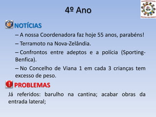 4º AnoNOTÍCIAS A nossa Coordenadora faz hoje 55 anos, parabéns! Terramoto na Nova-Zelândia.Confrontos entre adeptos e a polícia (Sporting-Benfica).No Concelho de Viana 1 em cada 3 crianças tem excesso de peso.PROBLEMASJá referidos: barulho na cantina; acabar obras da entrada lateral; 