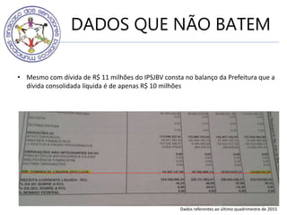 DADOS QUE NÃO BATEM
Dados referentes ao último quadrimestre de 2015
• Mesmo com dívida de R$ 11 milhões do IPSJBV consta no balanço da Prefeitura que a
dívida consolidada líquida é de apenas R$ 10 milhões
 