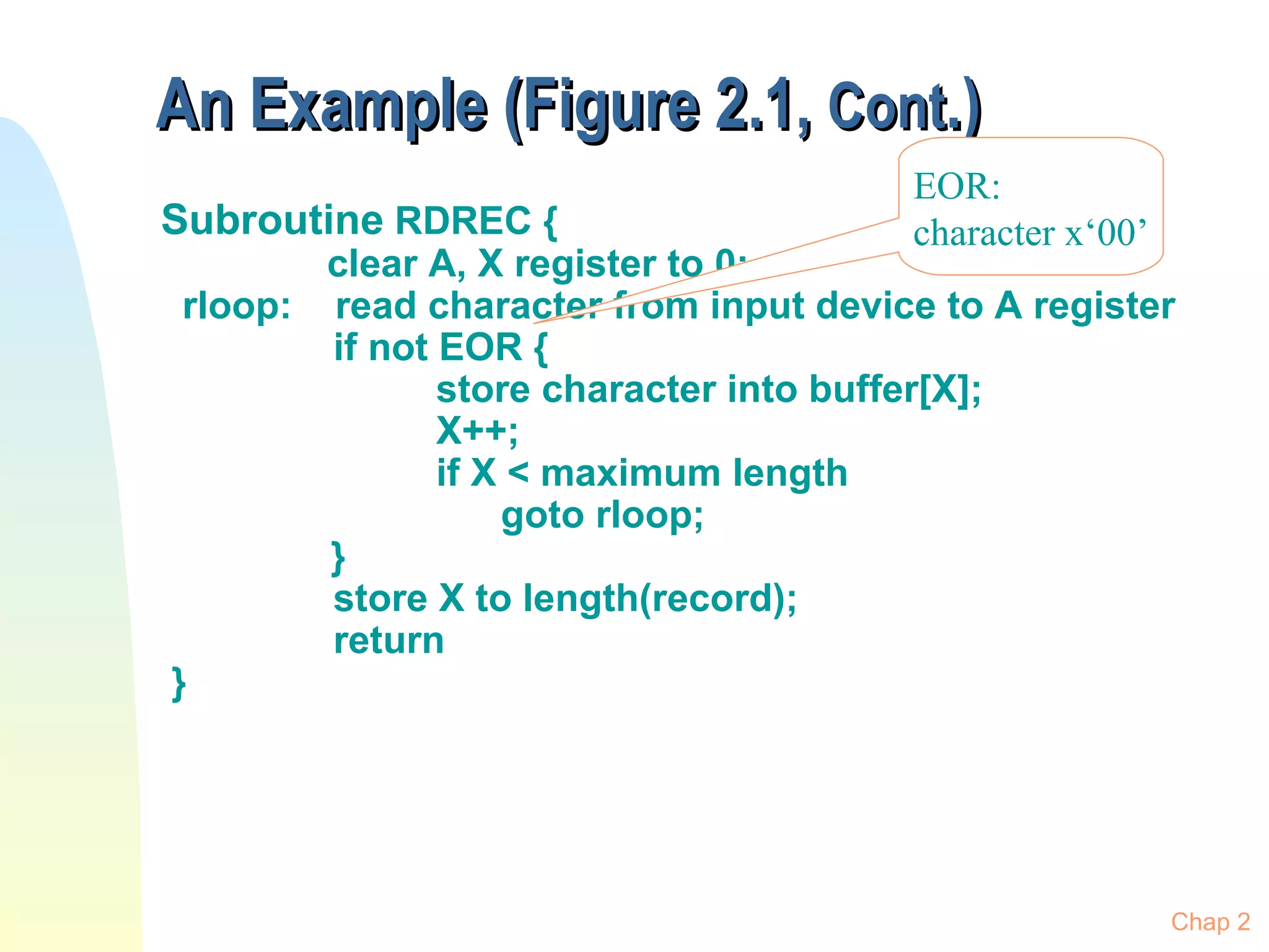 An Example (Figure 2.1,  Cont .) Subroutine  RDREC {   clear A, X register to 0; rloop:  read character from input device to A register if not EOR {   store character into buffer[X];   X++;   if X < maximum length   goto rloop;    }  store X to length(record); return  } Chap 2 EOR:  character x‘00’ 