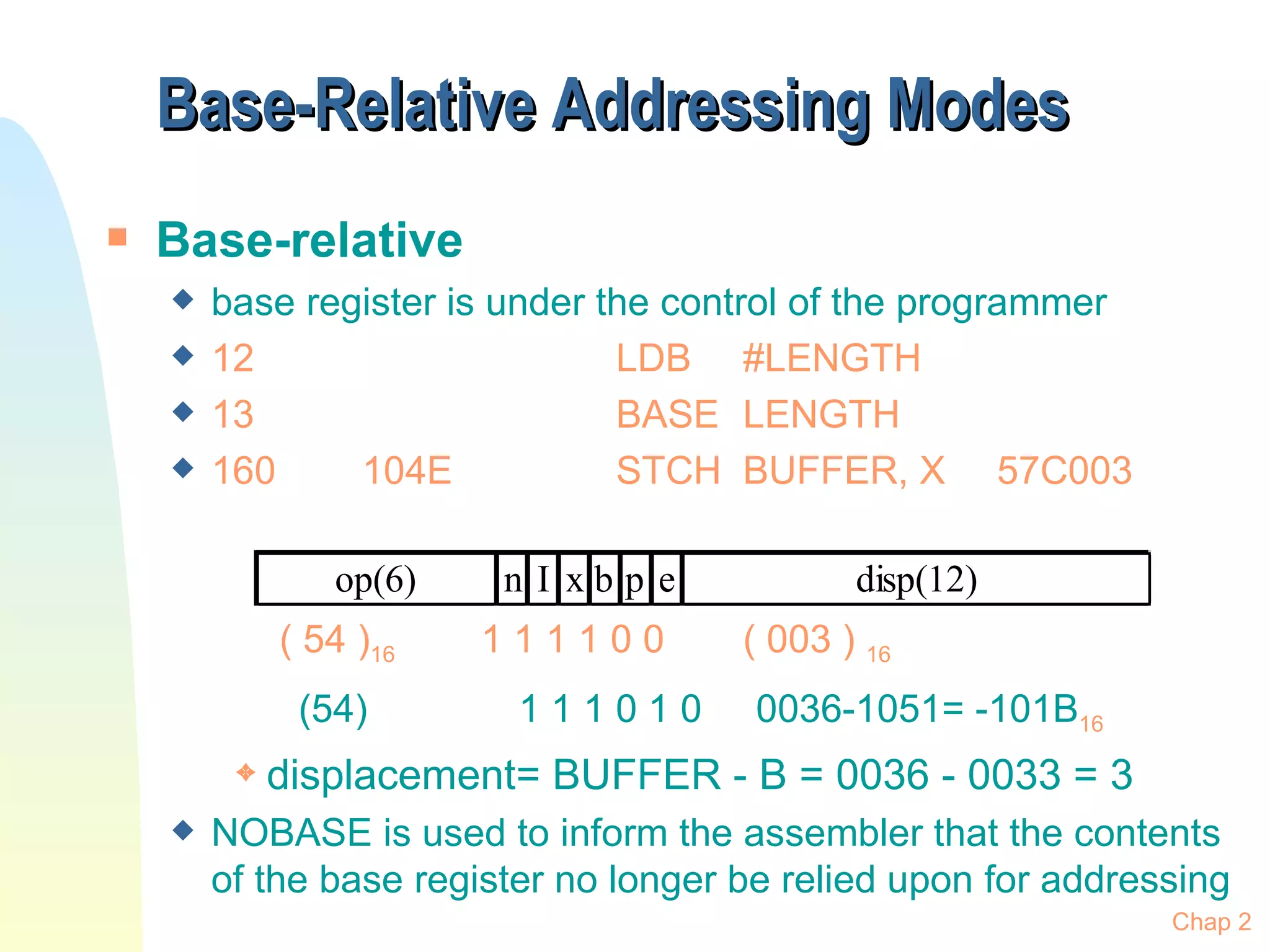 Base-Relative Addressing Modes Base-relative base register is under the control of the programmer 12 LDB #LENGTH 13 BASE LENGTH 160 104E STCH BUFFER, X 57C003 ( 54 ) 16  1 1 1 1 0 0 ( 003 )  16   (54)  1 1 1 0 1 0  0036-1051= -101B 16 displacement= BUFFER - B = 0036 - 0033 = 3 NOBASE is used to inform the assembler that the contents of the base register no longer be relied upon for addressing Chap 2 