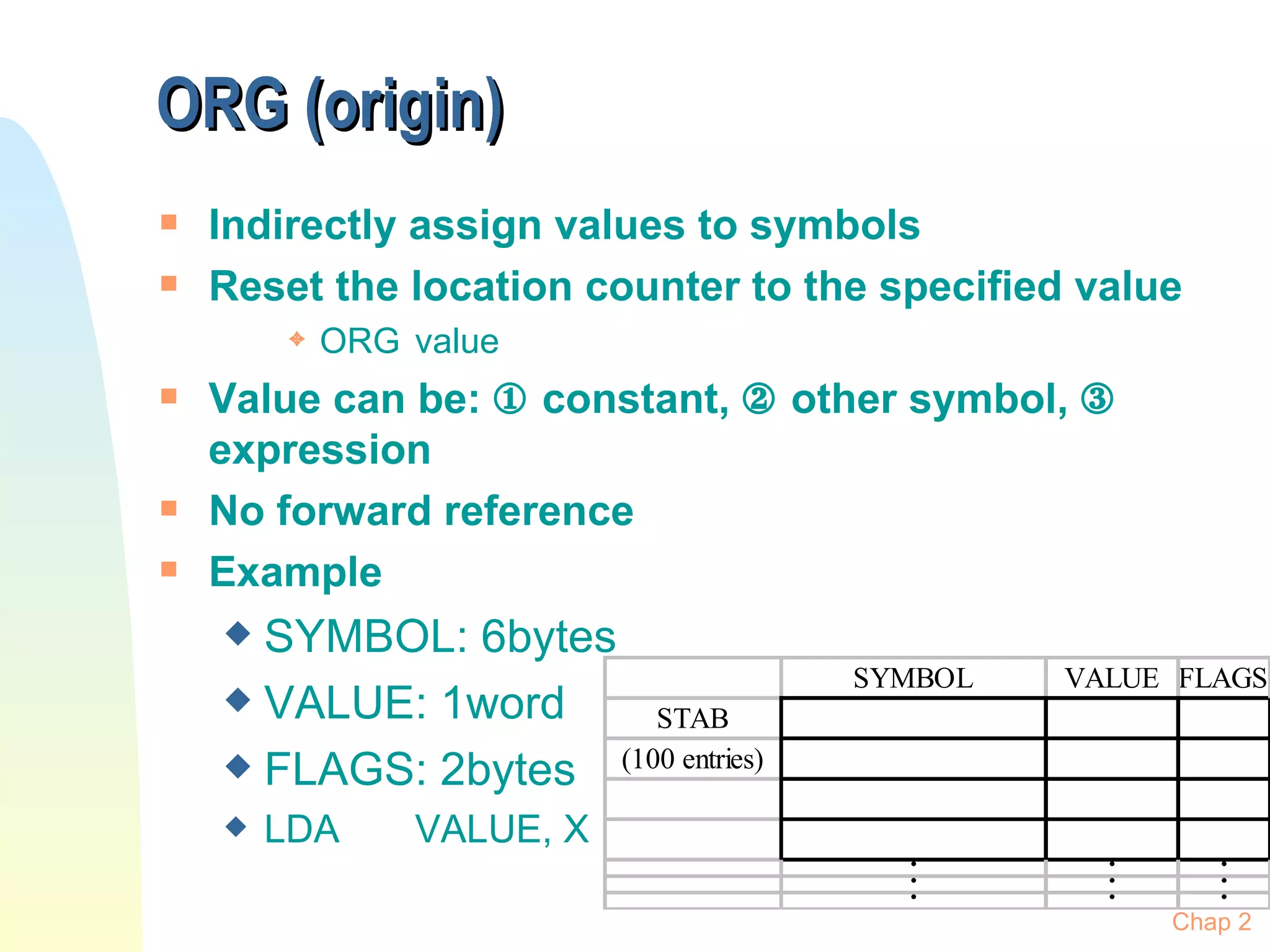 ORG (origin) Indirectly assign values to symbols Reset the location counter to the specified value ORG value Value can be:    constant,    other symbol,    expression No forward reference Example SYMBOL: 6bytes VALUE: 1word FLAGS: 2bytes LDA VALUE, X Chap 2 