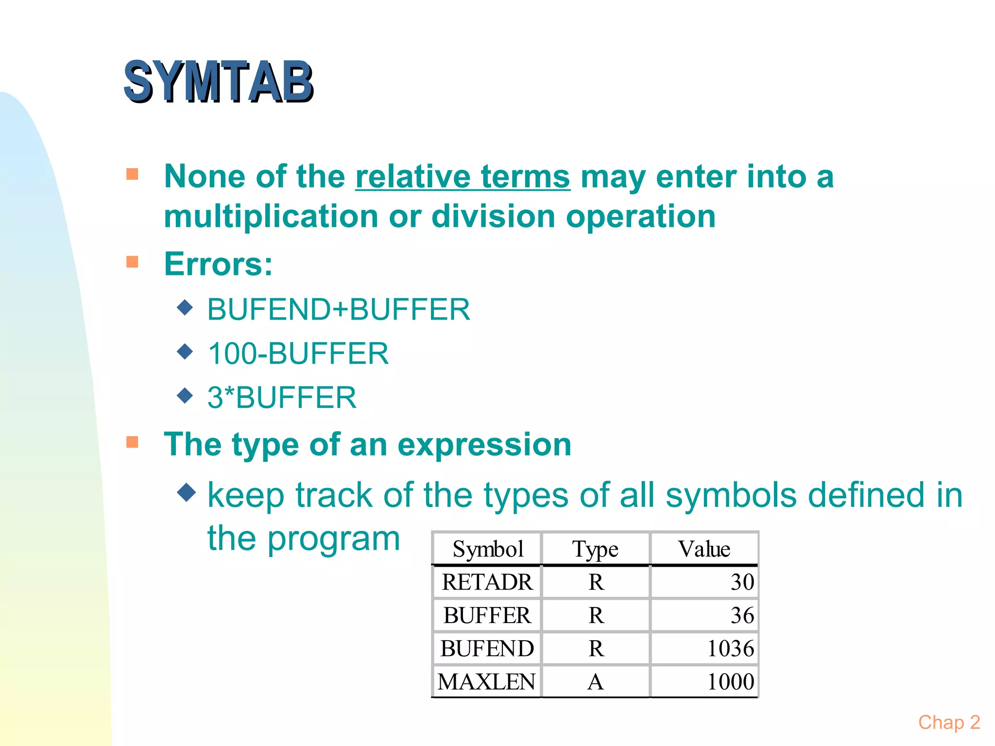 SYMTAB None of the  relative terms  may enter into a multiplication or division operation Errors: BUFEND+BUFFER 100-BUFFER 3*BUFFER The type of an expression keep track of the types of all symbols defined in the program Chap 2 