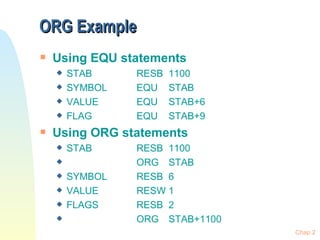 ORG Example Using EQU statements STAB RESB 1100 SYMBOL EQU STAB VALUE EQU STAB+6 FLAG EQU STAB+9 Using ORG statements STAB RESB 1100 ORG STAB SYMBOL RESB 6 VALUE RESW 1 FLAGS RESB 2 ORG STAB+1100 Chap 2 