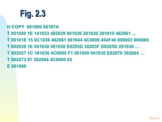 Fig. 2.3 H COPY  001000 00107A T 001000 1E 141033 482039 001036 281030 301015 482061 ... T 00101E 15 0C1036 482061 081044 4C0000 454F46 000003 000000 T 002039 1E 041030 001030 E0205D 30203F D8205D 281030 … T 002057 1C 101036 4C0000 F1 001000 041030 E02079 302064 … T 002073 07 382064 4C0000 05 E 001000 Chap 2 