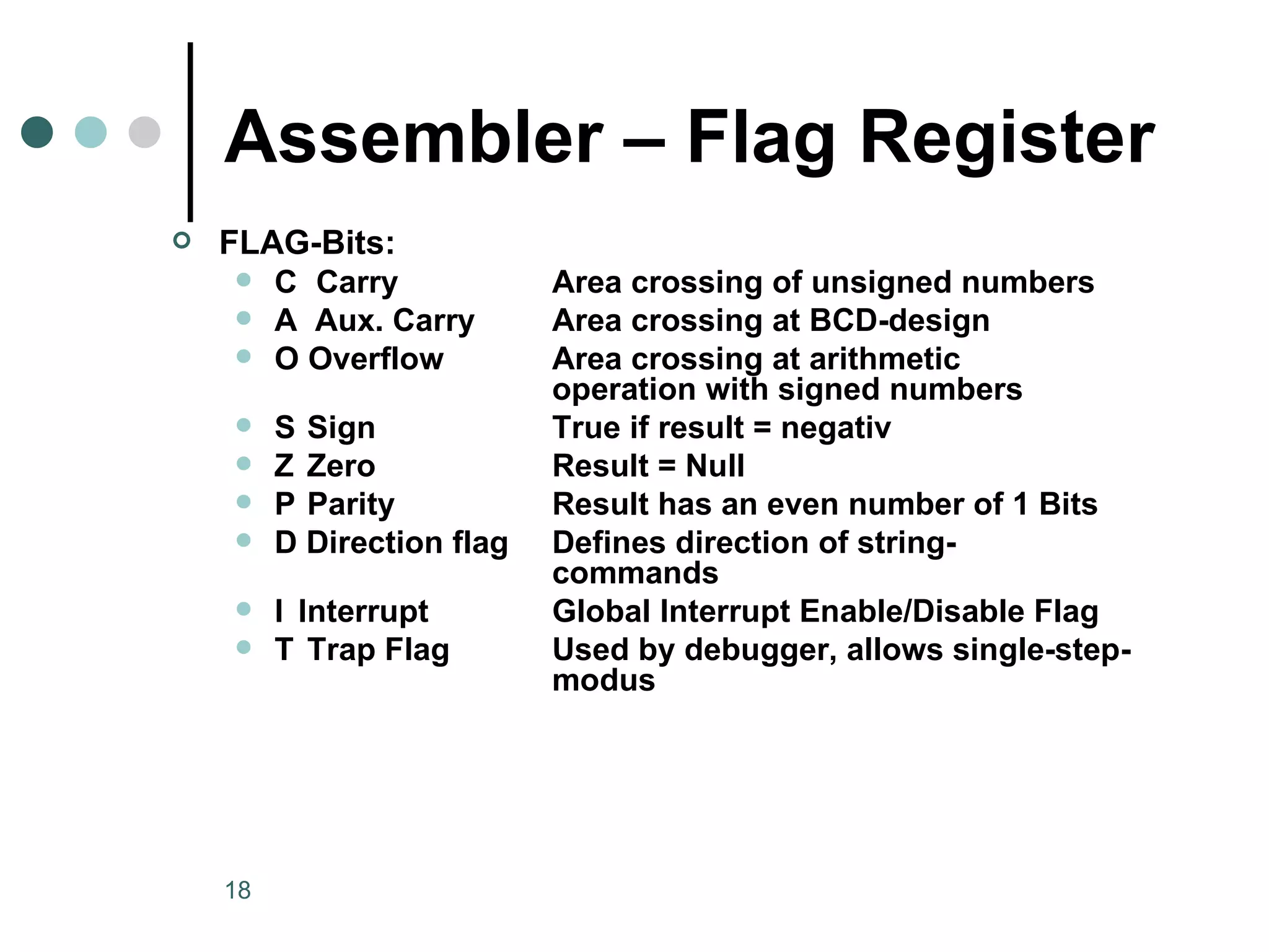 Assembler – Flag Register FLAG-Bits: C   Carry  Area crossing of unsigned numbers A  Aux. Carry Area crossing at BCD-design  O Overflow  Area crossing at arithmetic  operation with signed numbers  S  Sign True if result = negativ Z  Zero Result = Null P  Parity Result has an even number of 1 Bits D Direction flag Defines direction of string- commands I Interrupt Global Interrupt Enable/Disable Flag T  Trap Flag Used by debugger, allows single-step- modus 