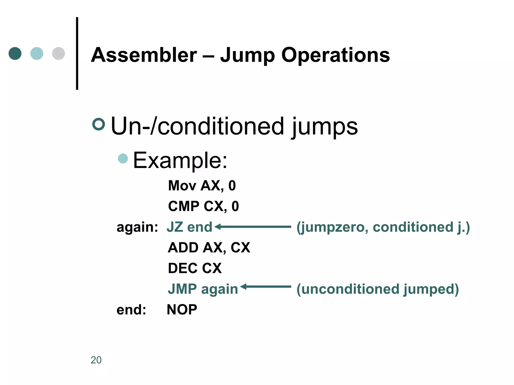 Assembler – Jump Operations Un-/conditioned jumps Example: Mov AX, 0 CMP CX, 0 again:  JZ end   (jumpzero, conditioned j.) ADD AX, CX DEC CX JMP again  (unconditioned jumped) end:  NOP 