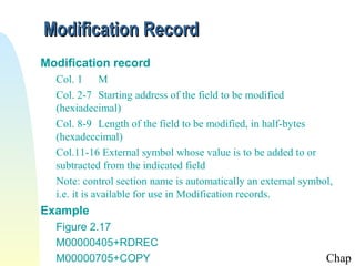 Modification Record
Modification record
  Col. 1 M
  Col. 2-7 Starting address of the field to be modified
  (hexiadecimal)
  Col. 8-9 Length of the field to be modified, in half-bytes
  (hexadeccimal)
  Col.11-16 External symbol whose value is to be added to or
  subtracted from the indicated field
  Note: control section name is automatically an external symbol,
  i.e. it is available for use in Modification records.
Example
  Figure 2.17
  M00000405+RDREC
  M00000705+COPY                                               Chap
 