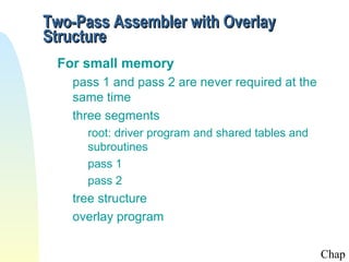 Two-Pass Assembler with Overlay
Structure
 For small memory
   pass 1 and pass 2 are never required at the
   same time
   three segments
     root: driver program and shared tables and
     subroutines
     pass 1
     pass 2
   tree structure
   overlay program

                                                  Chap
 