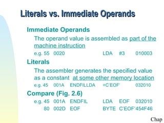 Literals vs. Immediate Operands
Immediate Operands
The operand value is assembled as part of the
machine instruction
e.g. 55 0020

LDA

#3

010003

Literals
The assembler generates the specified value
as a constant at some other memory location
e.g. 45

001A

ENDFILLDA

=C’EOF’

032010

Compare (Fig. 2.6)
e.g. 45 001A ENDFIL
80 002D EOF

LDA EOF 032010
BYTE C’EOF’454F46

Chap

 