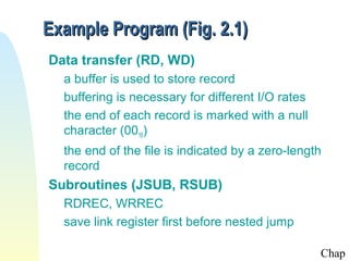 Example Program (Fig. 2.1)
Data transfer (RD, WD)
a buffer is used to store record
buffering is necessary for different I/O rates
the end of each record is marked with a null
character (0016)
the end of the file is indicated by a zero-length
record

Subroutines (JSUB, RSUB)
RDREC, WRREC
save link register first before nested jump
Chap

 