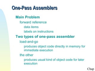 One-Pass Assemblers
Main Problem
forward reference
data items
labels on instructions

Two types of one-pass assembler
load-and-go
produces object code directly in memory for
immediate execution

the other
produces usual kind of object code for later
execution
Chap

 