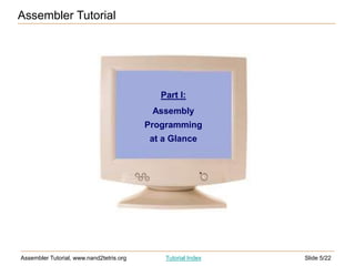 Slide 5/22
Assembler Tutorial, www.nand2tetris.org Tutorial Index
Assembler Tutorial
Part I:
Assembly
Programming
at a Glance
 