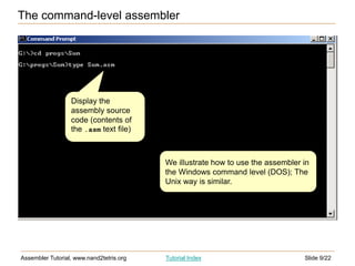 Slide 9/22
Assembler Tutorial, www.nand2tetris.org Tutorial Index
The command-level assembler
Display the
assembly source
code (contents of
the .asm text file)
We illustrate how to use the assembler in
the Windows command level (DOS); The
Unix way is similar.
 
