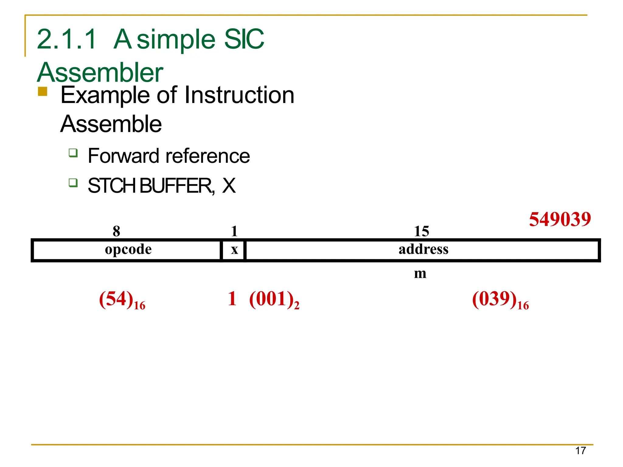 2.1.1 A simple SIC
Assembler
17
 Example of Instruction
Assemble
 Forward reference
 STCHBUFFER, X
(54)16 1 (001)2 (039)16
8 1 15
m
opcode x address
549039
 