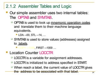 2.1.2 Assembler Tables and Logic
24
 Our simple assembler uses two internal tables:
The OPTAB and SYMTAB.
 OPTAB is used to look up mnemonic operation codes
and translate them to their machine language
equivalents.
 LDA→00, STL→14, …
 SYMTAB is used to store values (addresses) assigned
to labels.
 COPY→1000, FIRST→1000 …
 Location Counter LOCCTR
 LOCCTR is a variable for assignment addresses.
 LOCCTR is initialized to address specified in START
.
 When reach a label, the current value of LOCCTR gives
the address to be associated with that label.
 