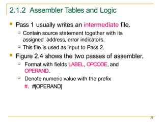 2.1.2 Assembler Tables and Logic
27
 Pass 1 usually writes an intermediate file.
 Contain source statement together with its
assigned address, error indicators.
 This file is used as input to Pass 2.
 Figure 2.4 shows the two passes of assembler.
 Format with fields LABEL, OPCODE, and
OPERAND.
 Denote numeric value with the prefix
#. #[OPERAND]
 