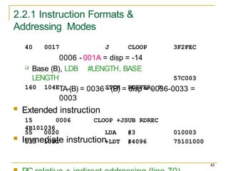 2.2.1 Instruction Formats &
Addressing Modes
43
3F2FEC
40 0017 J CLOOP
0006 - 001A = disp = -14
 Base (B), LDB #LENGTH, BASE
LENGTH
160 104E STCH BUFFER, X
57C003
55 0020 LDA #3 010003
133 103C +LDT #4096 75101000
TA-(B) = 0036 - (B) = disp = 0036-0033 =
0003
 Extended instruction
15 0006 CLOOP +JSUB RDREC
4B101036
 Immediate instruction
 