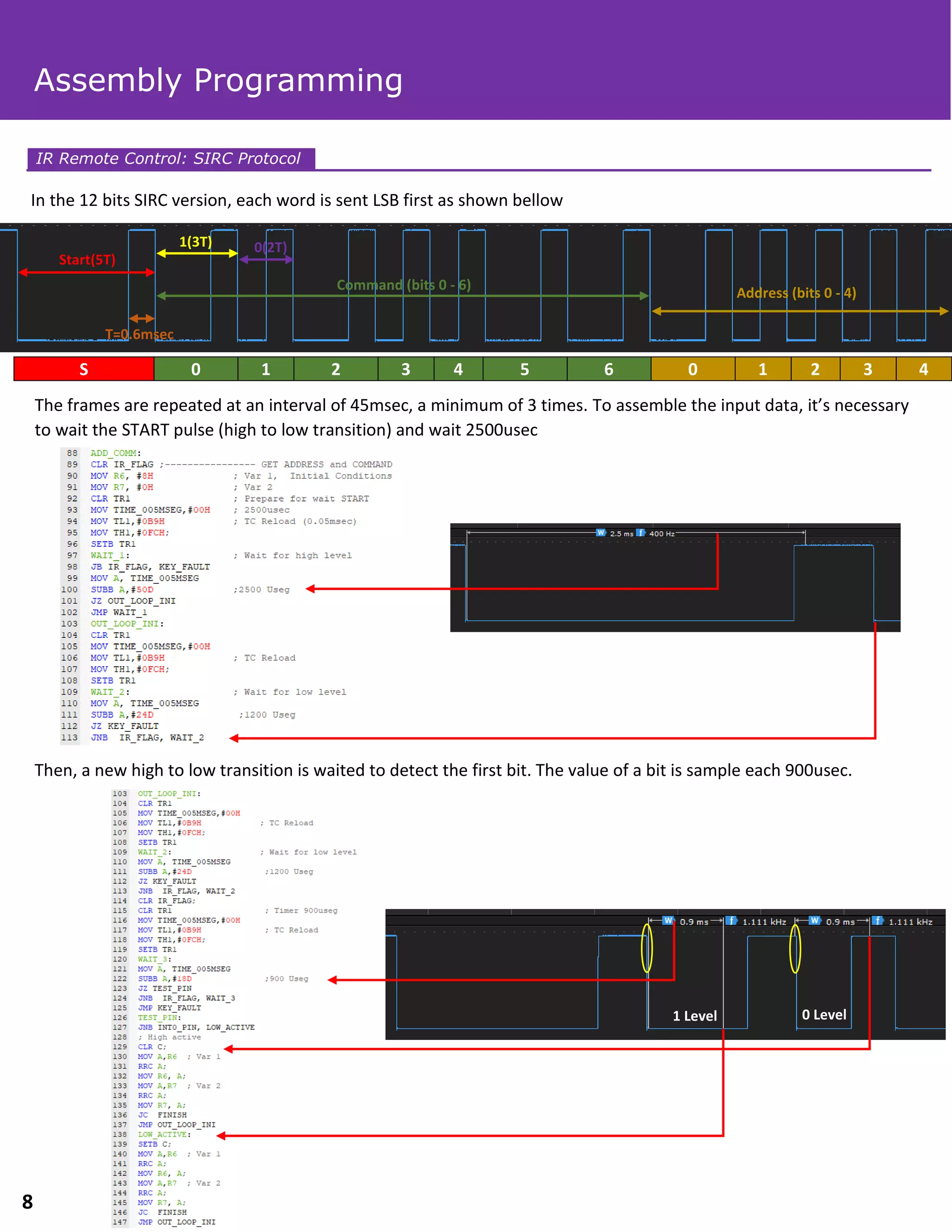Then, a new high to low transition is waited to detect the first bit. The value of a bit is sample each 900usec.
In the 12 bits SIRC version, each word is sent LSB first as shown bellow
The frames are repeated at an interval of 45msec, a minimum of 3 times. To assemble the input data, it’s necessary
to wait the START pulse (high to low transition) and wait 2500usec
IR Remote Control: SIRC Protocol
S 0 1 2 3 4 5 6 0 1 2 3 4
8
1 Level
Assembly Programming
Start(5T)
0(2T)1(3T)
Command (bits 0 - 6)
Address (bits 0 - 4)
T=0.6msec
0 Level
 