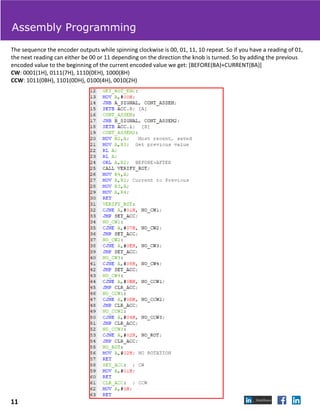 The sequence the encoder outputs while spinning clockwise is 00, 01, 11, 10 repeat. So if you have a reading of 01,
the next reading can either be 00 or 11 depending on the direction the knob is turned. So by adding the previous
encoded value to the beginning of the current encoded value we get: [BEFORE(BA)+CURRENT(BA)]
CW: 0001(1H), 0111(7H), 1110(0EH), 1000(8H)
CCW: 1011(0BH), 1101(0DH), 0100(4H), 0010(2H)
Assembly Programming
11
 